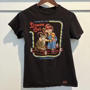 Steven Rhodes Shirt Mens Small Black Caring For Your Demon Cat Graphic Tee Humor